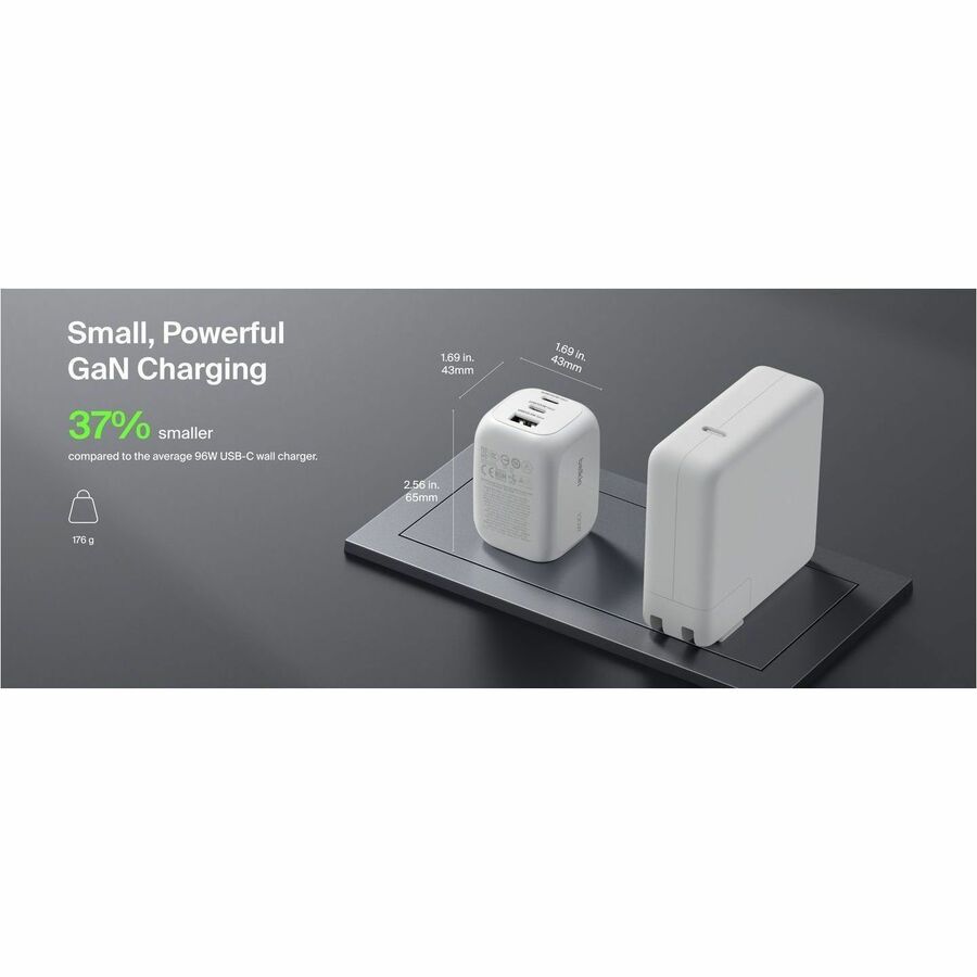 Alternate-Image5 Image for Belkin 100W GaN 3-Port USB Wall Charger - 1xUSB-A, 2xUSB-C - Foldable Prongs - Power Adapter - White