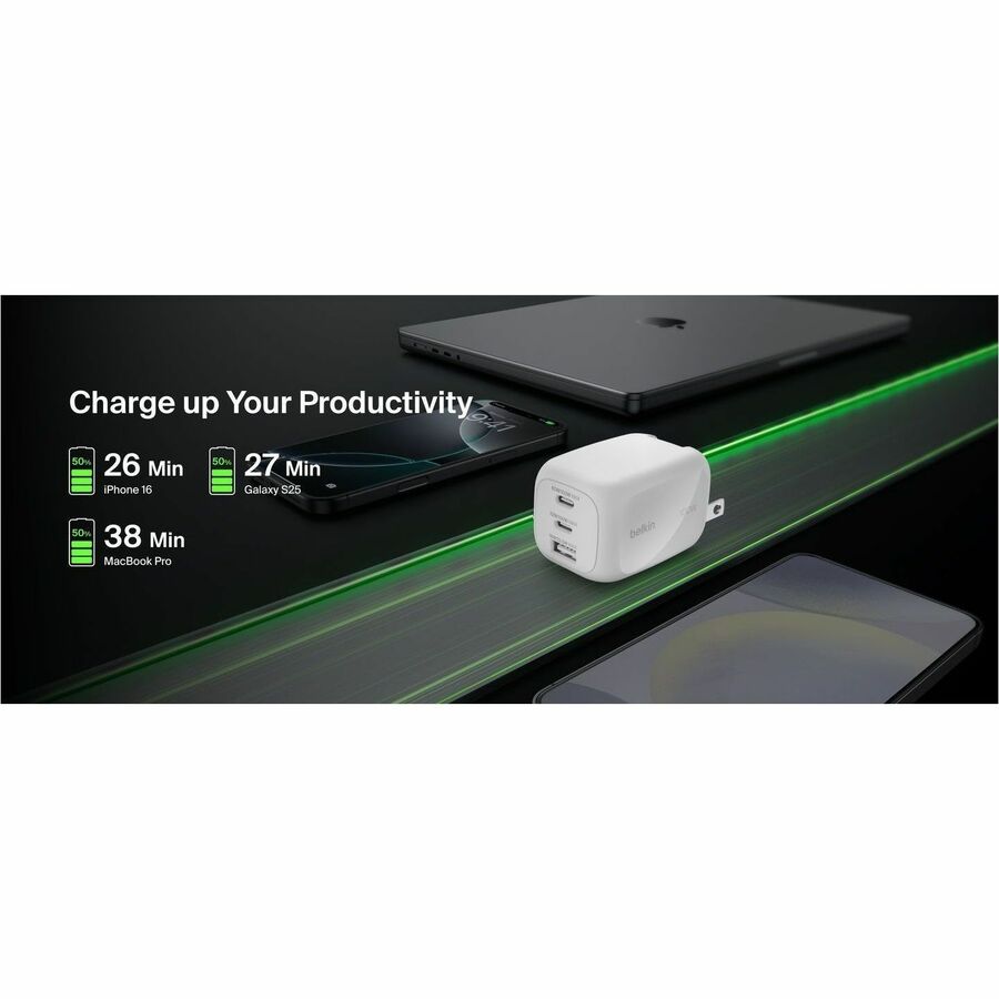 Alternate-Image3 Image for Belkin 100W GaN 3-Port USB Wall Charger - 1xUSB-A, 2xUSB-C - Foldable Prongs - Power Adapter - White