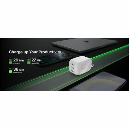 Alternate-Image3 Image for Belkin 100W GaN 3-Port USB Wall Charger - 1xUSB-A, 2xUSB-C - Foldable Prongs - Power Adapter - White