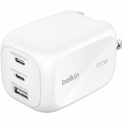 Main Image for Belkin 100W GaN 3-Port USB Wall Charger - 1xUSB-A, 2xUSB-C - Foldable Prongs - Power Adapter - White