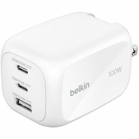 Main Image for Belkin 100W GaN 3-Port USB Wall Charger - 1xUSB-A, 2xUSB-C - Foldable Prongs - Power Adapter - White