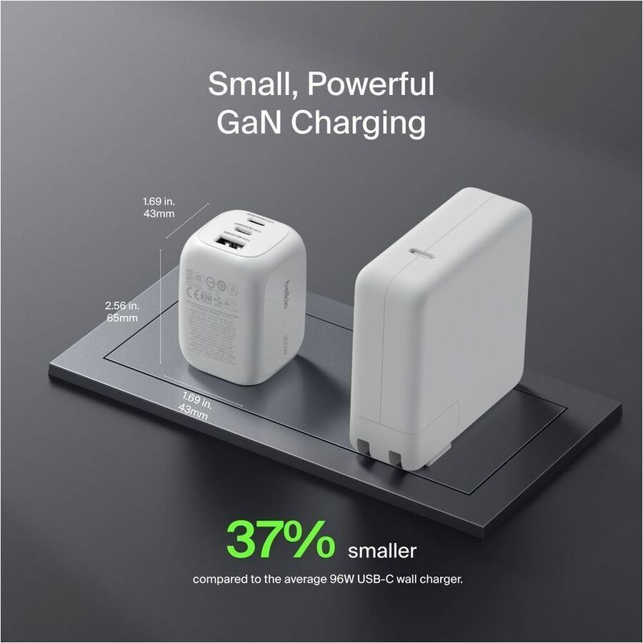 Alternate-Image9 Image for Belkin 100W GaN 3-Port USB Wall Charger - 1xUSB-A, 2xUSB-C - Foldable Prongs - Power Adapter - White