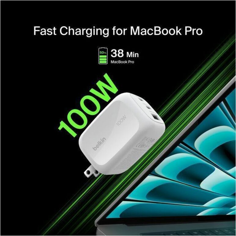 Alternate-Image8 Image for Belkin 100W GaN 3-Port USB Wall Charger - 1xUSB-A, 2xUSB-C - Foldable Prongs - Power Adapter - White