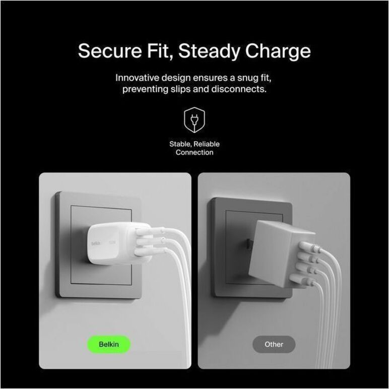 Alternate-Image10 Image for Belkin 100W GaN 3-Port USB Wall Charger - 1xUSB-A, 2xUSB-C - Foldable Prongs - Power Adapter - White