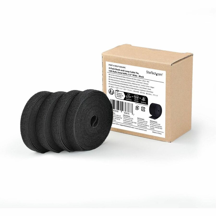 Alternate-Image4 Image for StarTech 4-pack 15ft (4.6m) Hook and Loop Roll, 0.5in Wide, Black, Cut-to-Size Reusable Cable Ties, Fastener Tape, Bulk Roll