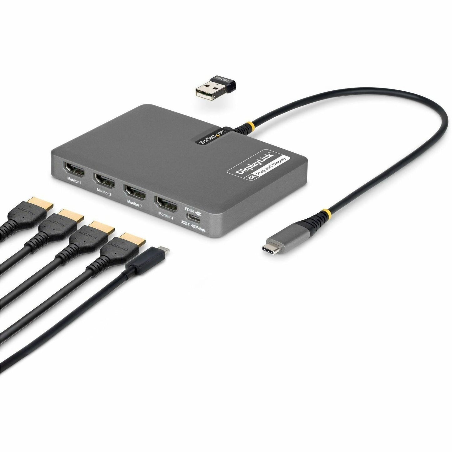Main Image for StarTech USB-C to Quad-Monitor Workstation Adapter, 4K 60Hz HDMI, 140W PD Passthrough for Laptop Charging, 1x USB 2.0 Port, TAA