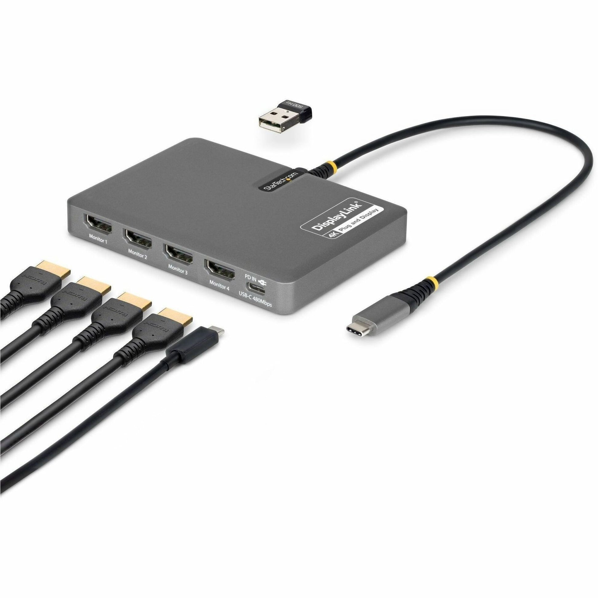 Main Image for StarTech USB-C to Quad-Monitor Workstation Adapter, 4K 60Hz HDMI, 140W PD Passthrough for Laptop Charging, 1x USB 2.0 Port, TAA