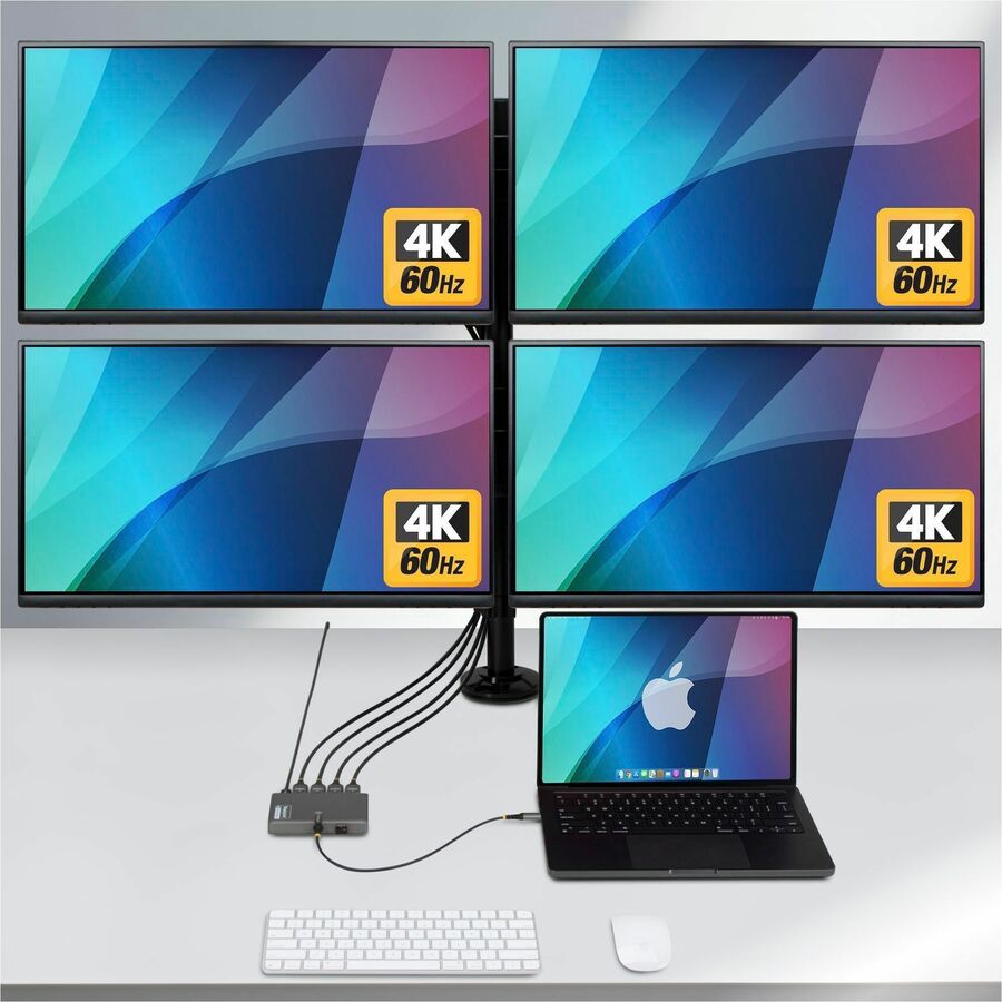Alternate-Image2 Image for StarTech USB-C to Quad-Monitor Workstation Adapter, 4K 60Hz HDMI, 140W PD Passthrough for Laptop Charging, 1x USB 2.0 Port, TAA