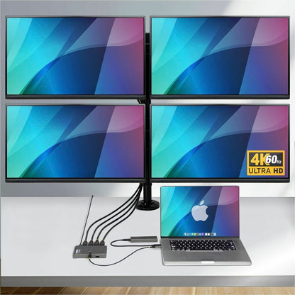 Alternate-Image2 Image for StarTech USB-C to Quad-Monitor Workstation Adapter, 4K 60Hz DisplayPort, 140W PD Passthrough for Laptop Charging, 1x USB 2.0 Port, TAA