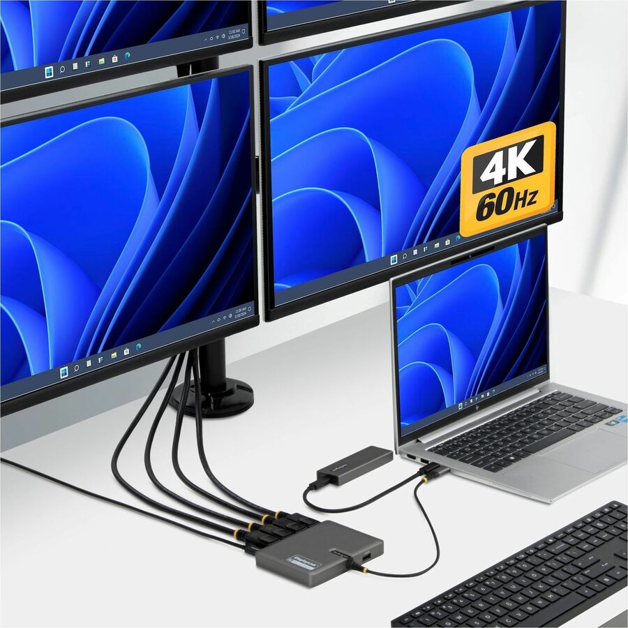 Alternate-Image3 Image for StarTech USB-C to Quad-Monitor Workstation Adapter, 4K 60Hz DisplayPort, 140W PD Passthrough for Laptop Charging, 1x USB 2.0 Port, TAA