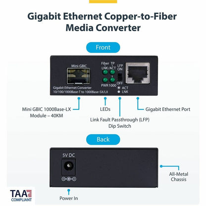 Alternate-Image1 Image for StarTech Gigabit Ethernet Copper-to-Fiber Media Converter, SM LC, 40km, 10/100/1000 Mbps, RJ45 to LC, 9K Jumbo Frames, TAA Compliant