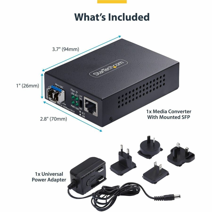 Alternate-Image4 Image for StarTech Gigabit Ethernet Copper-to-Fiber Media Converter, SM LC, 20km, 10/100/1000 Mbps, RJ45 to LC, 9K Jumbo Frames, TAA Compliant