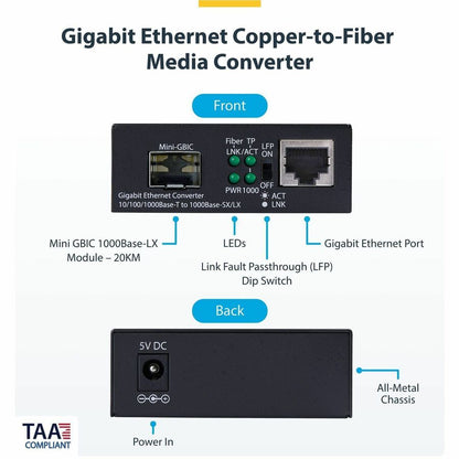 Alternate-Image1 Image for StarTech Gigabit Ethernet Copper-to-Fiber Media Converter, SM LC, 20km, 10/100/1000 Mbps, RJ45 to LC, 9K Jumbo Frames, TAA Compliant