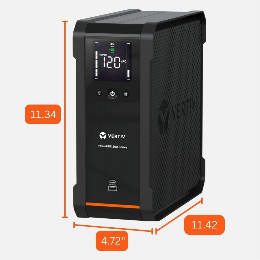 Alternate-Image3 Image for Vertiv PowerUPS 200 Standard Line Interactive PSA6-1000LVT, 1000VA/625W, AVR, USB Charging, Color LCD, User-Replaceable Battery, 8 NEMA Outlets, Three-Year Warranty