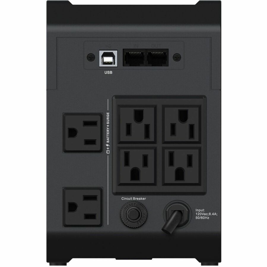 Rear Image for Vertiv PowerUPS 200 Essential PSA6E-1000LVT, 1000VA/550W, AVR, User-Replaceable Batteries, Battery Backup, 6 NEMA Outlets, Three-Year Warranty