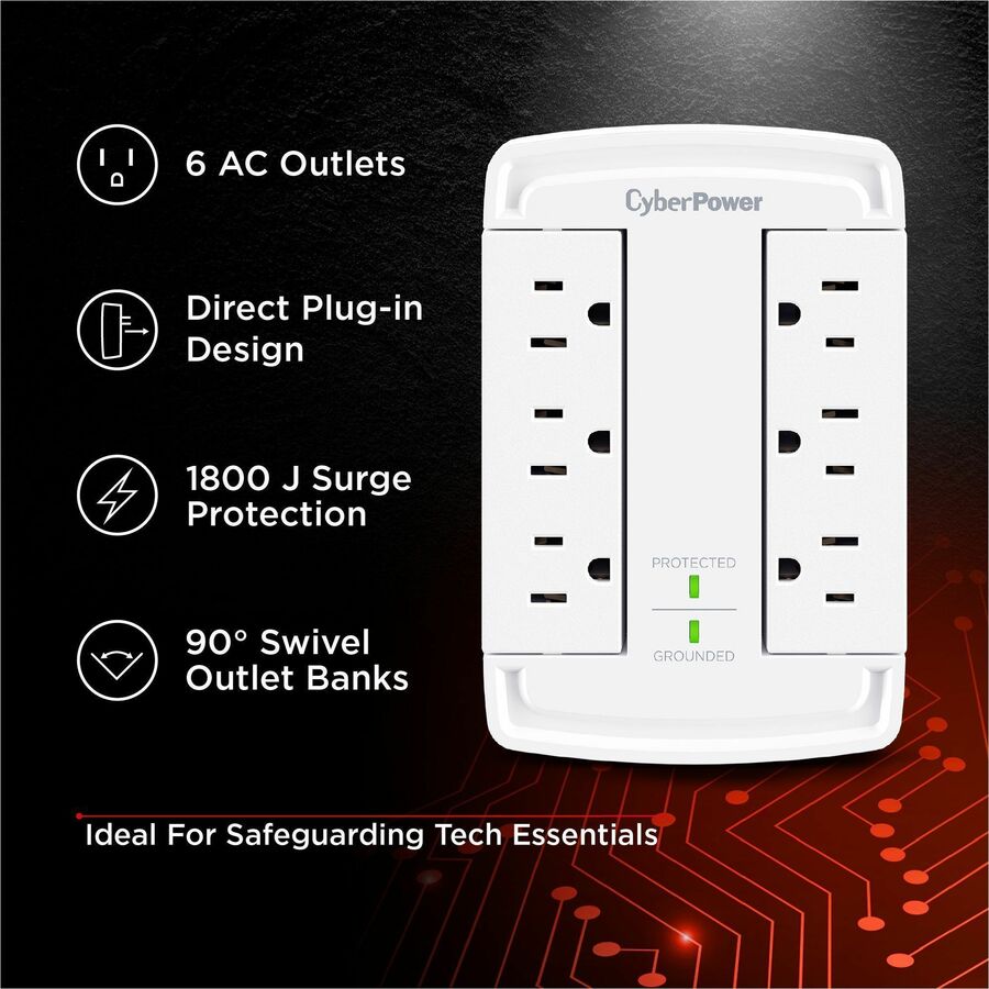 Alternate-Image8 Image for CyberPower CSB6WS Essential 6 - Outlet Surge Protector with 1800 J Surge Suppression