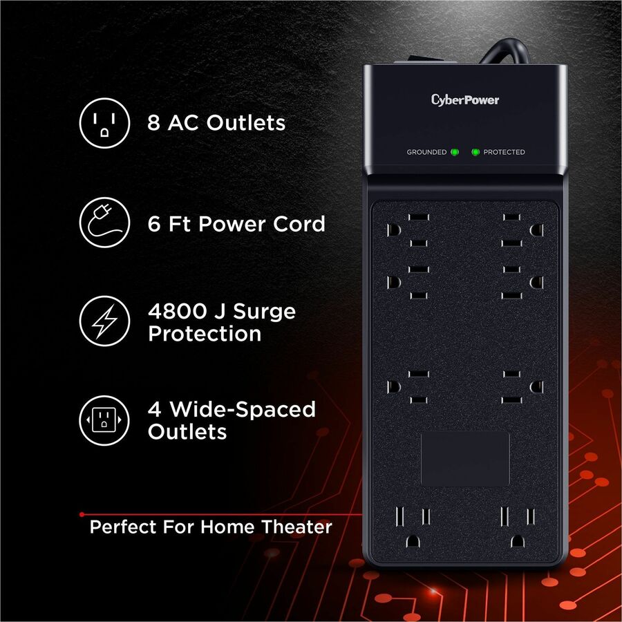 Alternate-Image9 Image for CyberPower CSB806R1 Essential 8 - Outlet Surge Protector with 4800 J Surge Suppression