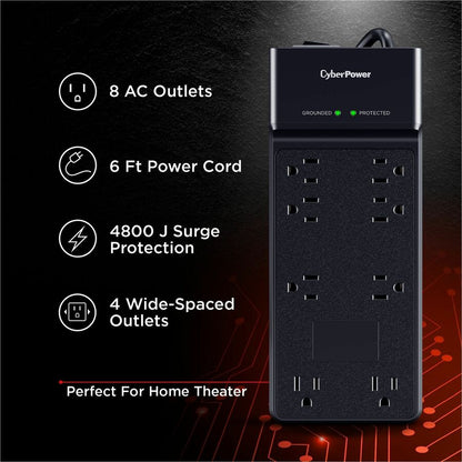 Alternate-Image9 Image for CyberPower CSB806R1 Essential 8 - Outlet Surge Protector with 4800 J Surge Suppression