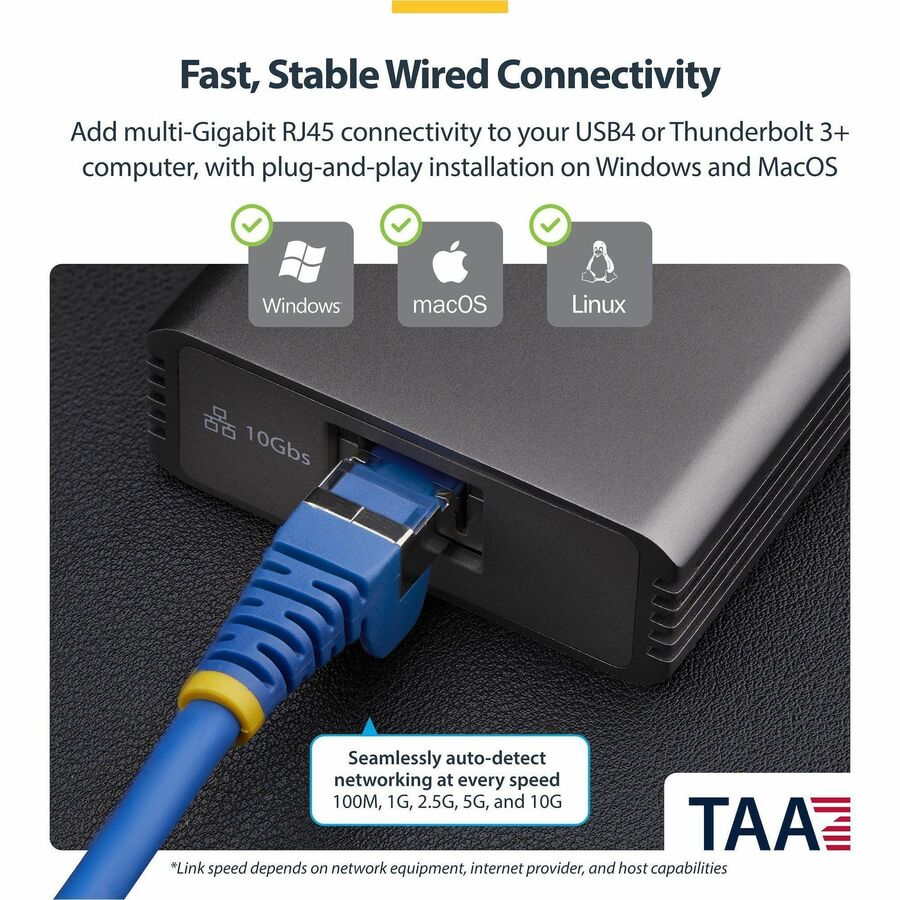 Alternate-Image2 Image for StarTech USB4 to Ethernet Adapter, 10GbE, Multi-Gigabit, Thunderbolt Compatible, 10GBASE-T/5G/2.5G NIC, USB4 Cable, Windows/Mac, TAA
