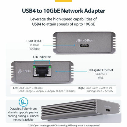 Alternate-Image1 Image for StarTech USB4 to Ethernet Adapter, 10GbE, Multi-Gigabit, Thunderbolt Compatible, 10GBASE-T/5G/2.5G NIC, USB4 Cable, Windows/Mac, TAA
