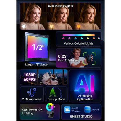 Alternate-Image3 Image for EMEET S600 Light 4K StreamCam with 1/2" Sensor, 0.2S PDAF, 2 Mics, Ring Light with Dial Control, 4 Lighting Modes with App Control