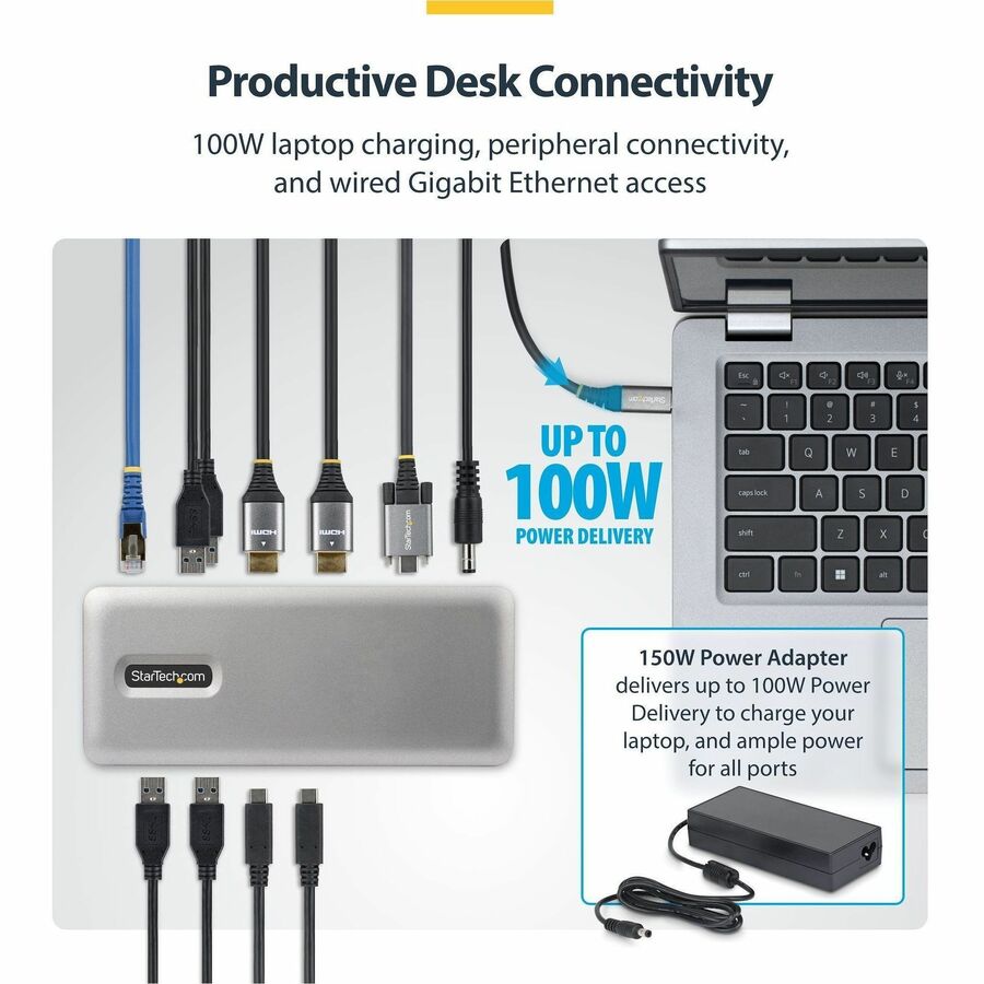 Alternate-Image3 Image for StarTech Dual-Monitor USB-C Docking Station, HDMI, 4K 60Hz, 100W Laptop Charging, 1GbE, Driverless, Multi-Monitor Dock