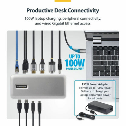 Alternate-Image3 Image for StarTech Dual-Monitor USB-C Docking Station, HDMI, 4K 60Hz, 100W Laptop Charging, 1GbE, Driverless, Multi-Monitor Dock