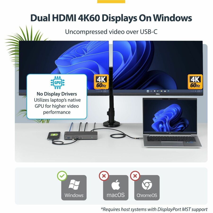Alternate-Image2 Image for StarTech Dual-Monitor USB-C Docking Station, HDMI, 4K 60Hz, 100W Laptop Charging, 1GbE, Driverless, Multi-Monitor Dock