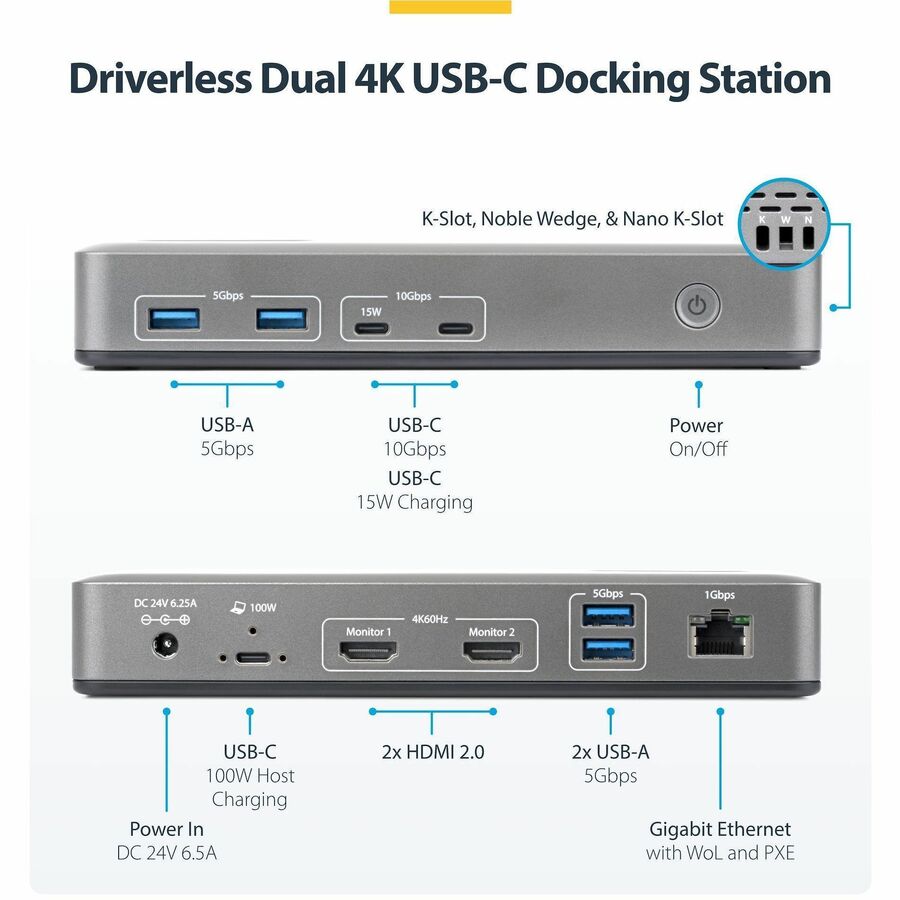 Alternate-Image1 Image for StarTech Dual-Monitor USB-C Docking Station, HDMI, 4K 60Hz, 100W Laptop Charging, 1GbE, Driverless, Multi-Monitor Dock