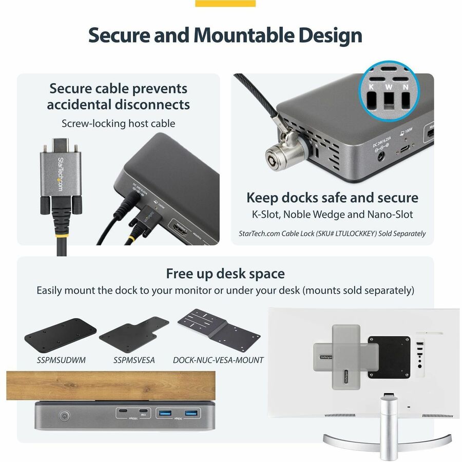 Alternate-Image5 Image for StarTech Dual-Monitor USB-C Docking Station, HDMI, 4K 60Hz, 100W Laptop Charging, 1GbE, Driverless, Multi-Monitor Dock