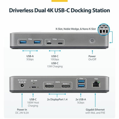 Alternate-Image1 Image for StarTech Dual-Monitor USB-C Docking Station, DisplayPort, 4K 60Hz, 100W Laptop Charging, 1GbE, Driverless, Multi-Monitor Dock