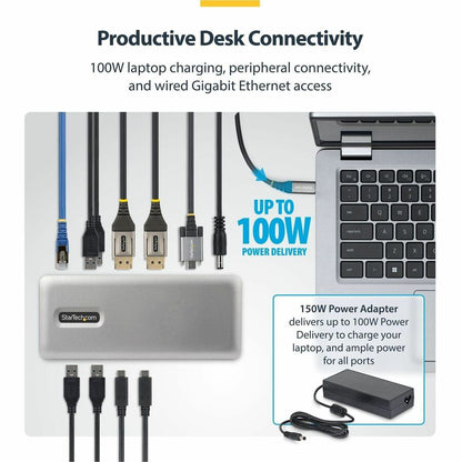 Alternate-Image3 Image for StarTech Dual-Monitor USB-C Docking Station, DisplayPort, 4K 60Hz, 100W Laptop Charging, 1GbE, Driverless, Multi-Monitor Dock