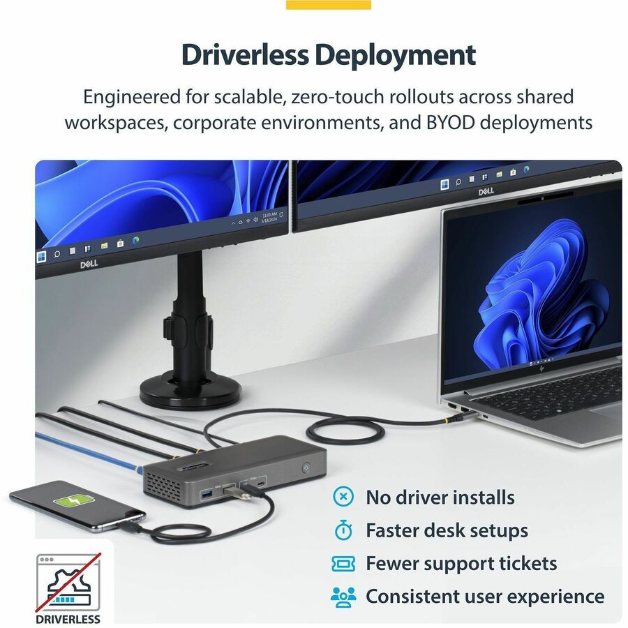 Alternate-Image4 Image for StarTech Dual-Monitor USB-C Docking Station, DisplayPort, 4K 60Hz, 100W Laptop Charging, 1GbE, Driverless, Multi-Monitor Dock