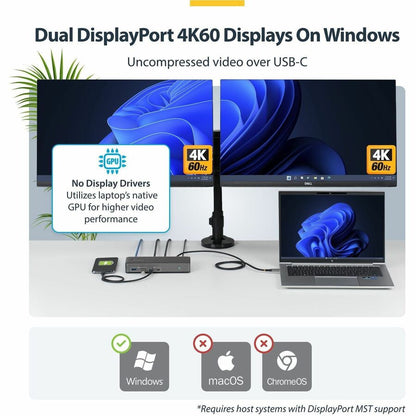 Alternate-Image2 Image for StarTech Dual-Monitor USB-C Docking Station, DisplayPort, 4K 60Hz, 100W Laptop Charging, 1GbE, Driverless, Multi-Monitor Dock