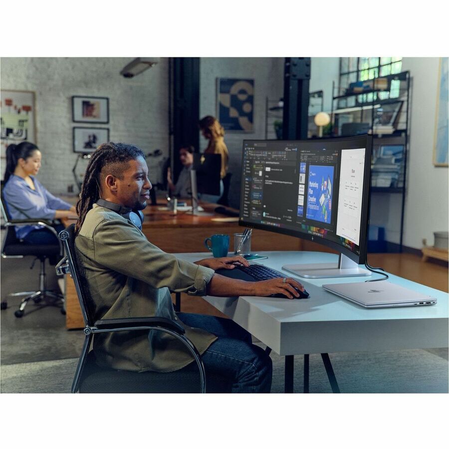 Life-Style Image for HP 549pm 49" Class Webcam Dual Quad HD (DQHD) Curved Screen LED Monitor - 32:9 - Black, Silver