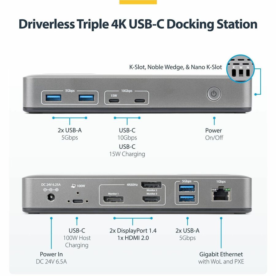 Alternate-Image1 Image for StarTech Triple-Monitor USB-C Docking Station, DP / HDMI, 4K 60Hz, 100W Laptop Charging, 1GbE, Driverless, Multi-Monitor Dock