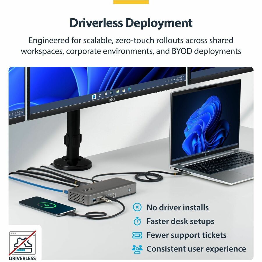Alternate-Image4 Image for StarTech Triple-Monitor USB-C Docking Station, DP / HDMI, 4K 60Hz, 100W Laptop Charging, 1GbE, Driverless, Multi-Monitor Dock