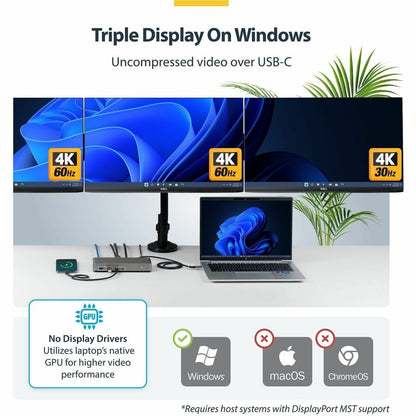 Alternate-Image2 Image for StarTech Triple-Monitor USB-C Docking Station, DP / HDMI, 4K 60Hz, 100W Laptop Charging, 1GbE, Driverless, Multi-Monitor Dock