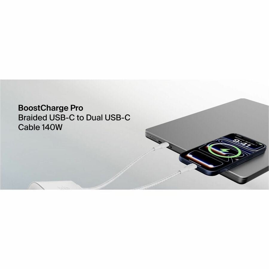 Alternate-Image4 Image for Belkin BoostCharge Pro Braided USB-C to Dual USB-C Cable 140W, White, 5ft/1.5m