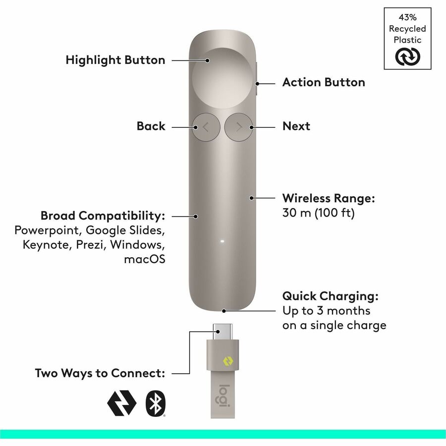 Alternate-Image1 Image for Logitech Spotlight 2 Presentation Remote, Wireless Presentation Clicker with Haptics, Digital Highlighting, Customizable Actions, Laser Pointer, Quick Charge, Bluetooth&reg;, and USB-C, Sand