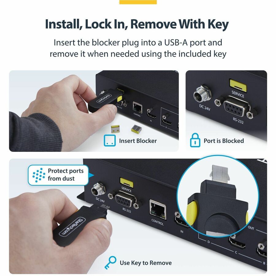 Alternate-Image3 Image for StarTech USB-A Port Blocker Key with 4x Locking USB-A Dust Cover Plugs, Snap-In Reusable Port Protectors for Laptops & Computers