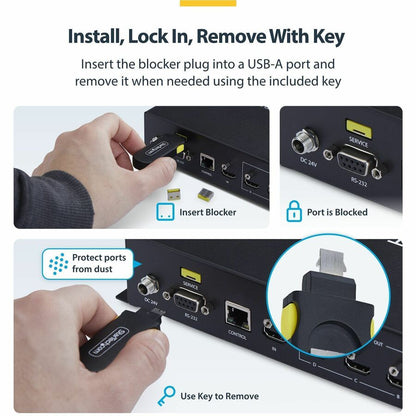 Alternate-Image3 Image for StarTech USB-A Port Blocker Key with 4x Locking USB-A Dust Cover Plugs, Snap-In Reusable Port Protectors for Laptops & Computers