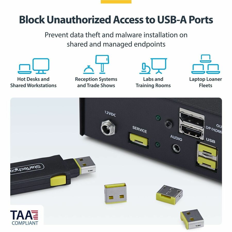 Alternate-Image2 Image for StarTech USB-A Port Blocker Key with 4x Locking USB-A Dust Cover Plugs, Snap-In Reusable Port Protectors for Laptops & Computers