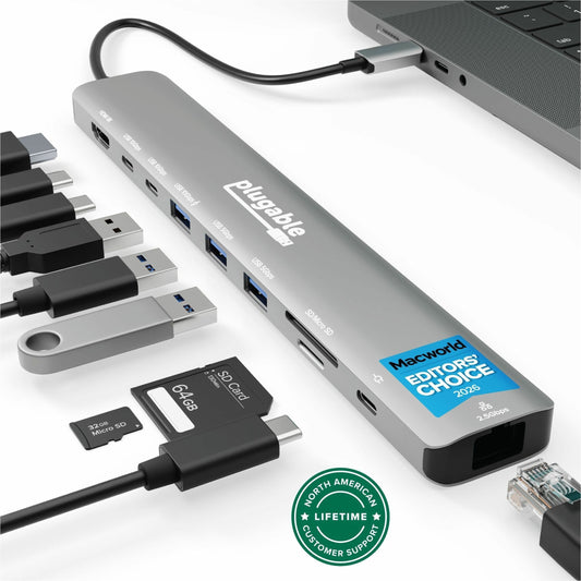 Main Image for Plugable USB C Hub: 10-in-1 Multiport Adapter (8K/4K 144Hz HDMI 2.1, 2.5G Ethernet, 140W Charging, 10Gbps Data)