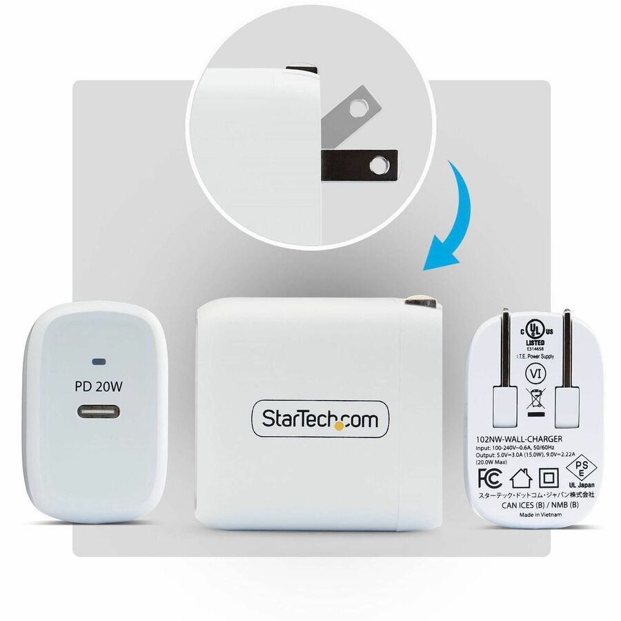 Alternate-Image2 Image for StarTech 20W USB-C Wall Charger, Portable Charger with USB Power Delivery Fast Charging, 5V/9V PD, USB-C Charger, White