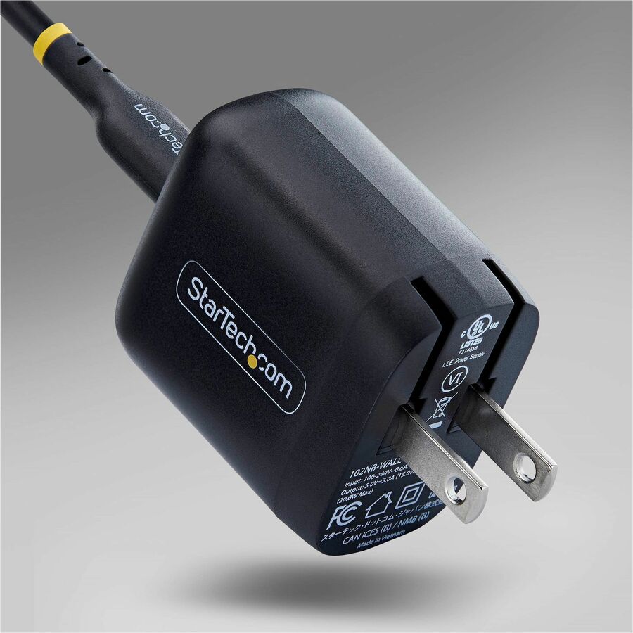 Alternate-Image3 Image for StarTech 20W USB-C Wall Charger, Portable Charger with USB Power Delivery Fast Charging, 5V/9V PD, USB-C Charger, Black