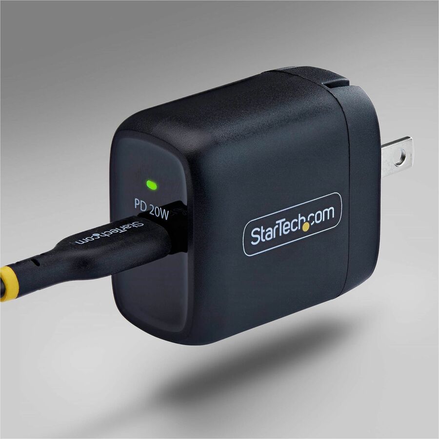 Alternate-Image4 Image for StarTech 20W USB-C Wall Charger, Portable Charger with USB Power Delivery Fast Charging, 5V/9V PD, USB-C Charger, Black