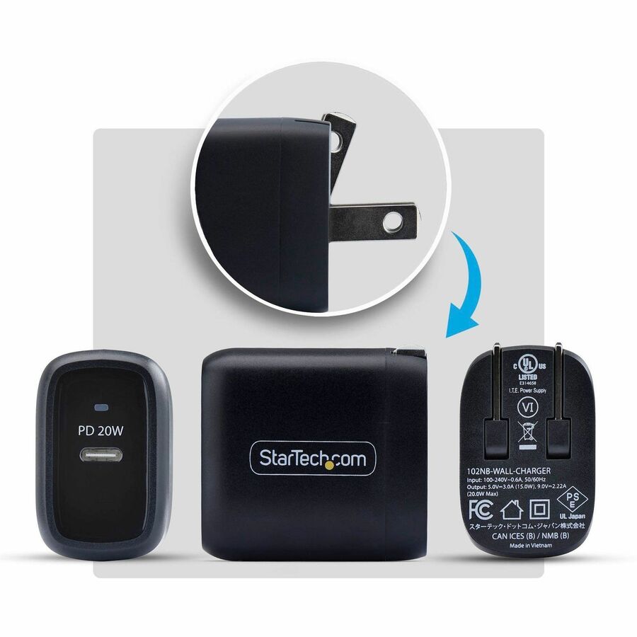 Alternate-Image2 Image for StarTech 20W USB-C Wall Charger, Portable Charger with USB Power Delivery Fast Charging, 5V/9V PD, USB-C Charger, Black