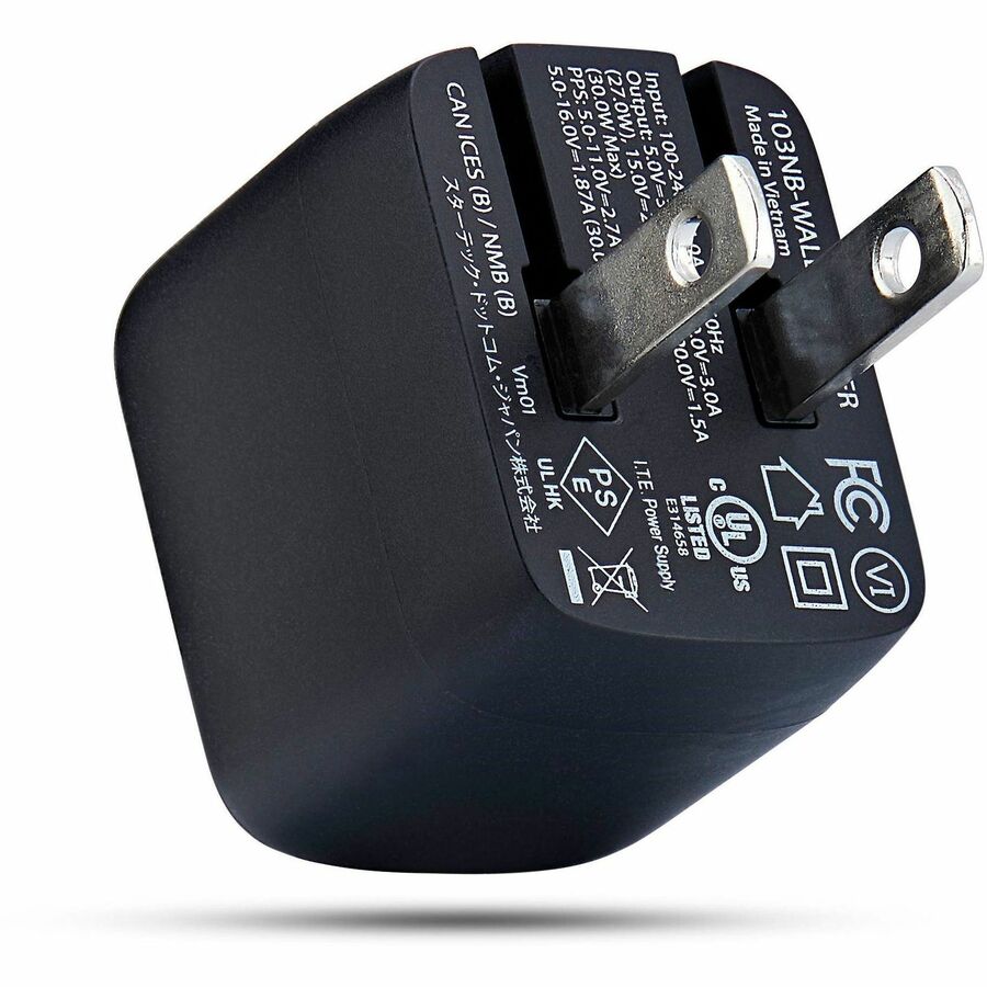 Alternate-Image1 Image for StarTech 30W USB-C Wall Charger, Portable GaN Charger with USB Power Delivery Fast Charging, GaN 5V/9V/15/20V, USB-C Charger, Black