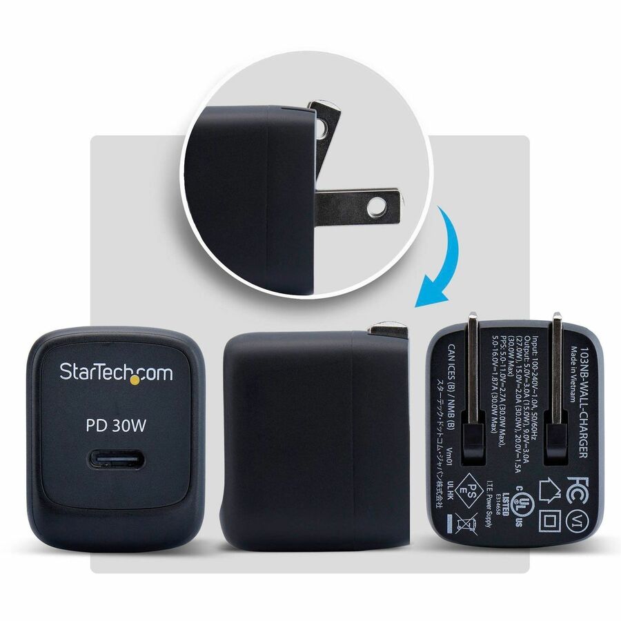 Alternate-Image2 Image for StarTech 30W USB-C Wall Charger, Portable GaN Charger with USB Power Delivery Fast Charging, GaN 5V/9V/15/20V, USB-C Charger, Black